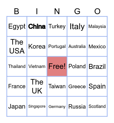 Countries (Nationality) Bingo Card