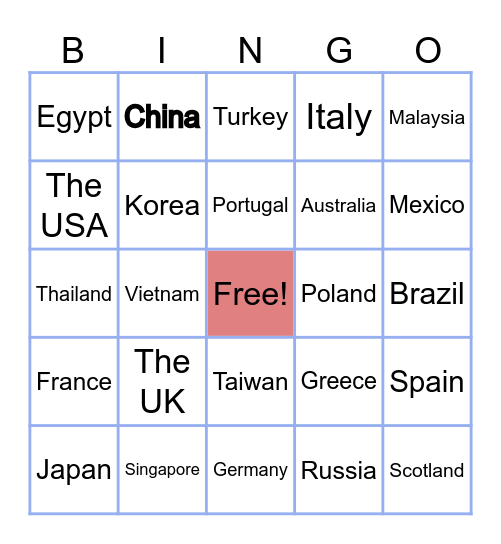 Countries (Nationality) Bingo Card