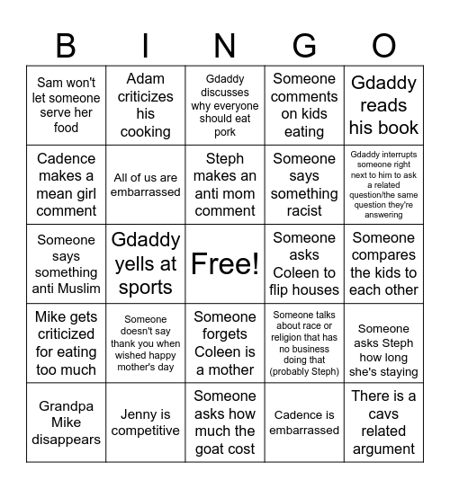 MOTHER is half a word Bingo Card