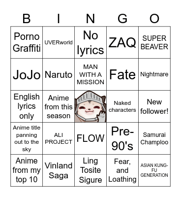 Anime Music Quiz Bingo Card