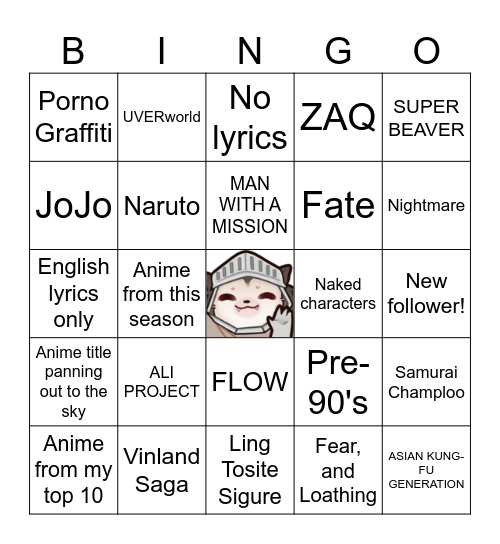 Anime Music Quiz Bingo Card