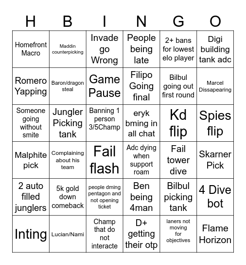 HomeFront Skermish Bingo Card