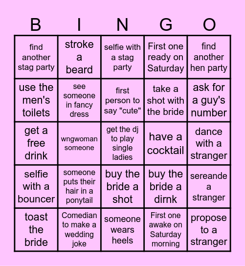 Manreet's Hen Weekend Bingo Card