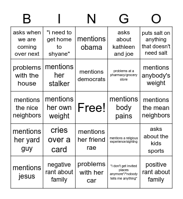 Nonna Dinner Bingo Card