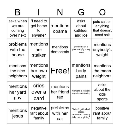 Nonna Dinner Bingo Card