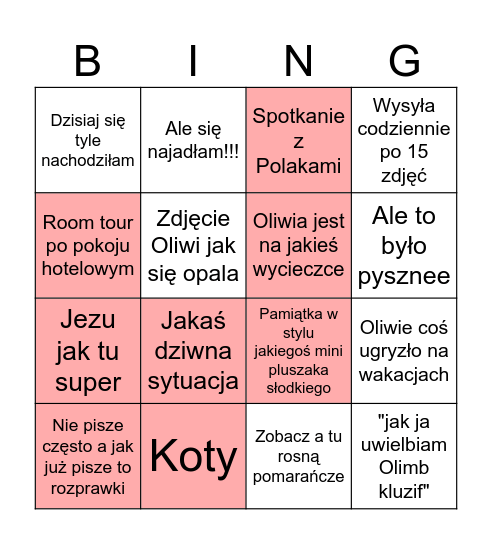 OLIWIA NA WAKACJACH Bingo Card