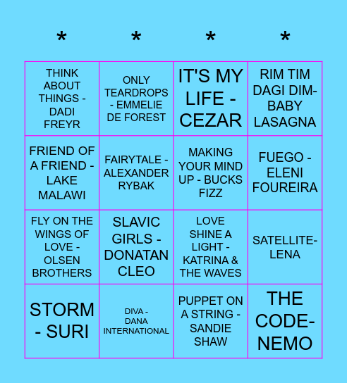 EUROVISION DISCO DISCO BINGO BINGO Card