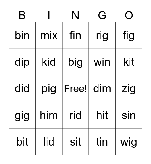 Short i sounds Bingo Card