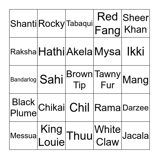 Jungle Book Characters Bingo Card