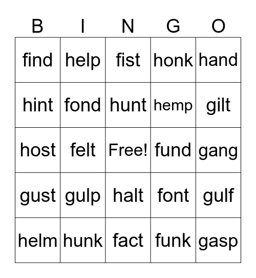 CVCC words - f, g, h Bingo Card
