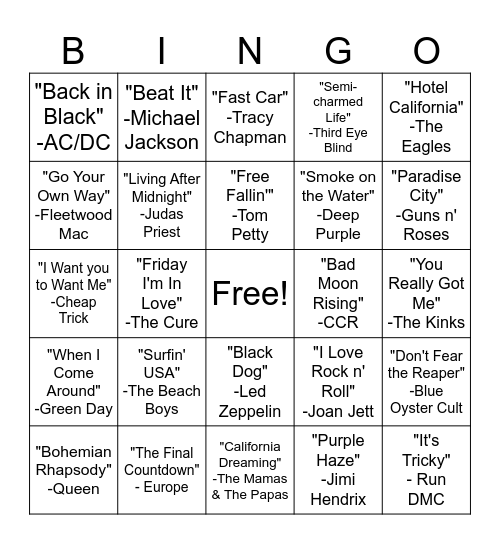 60's - 90's Bingo Card