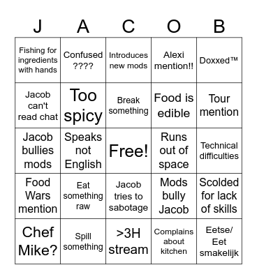 Cooking with Cobbie Bingo Card