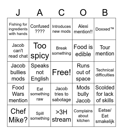 Cooking with Cobbie Bingo Card