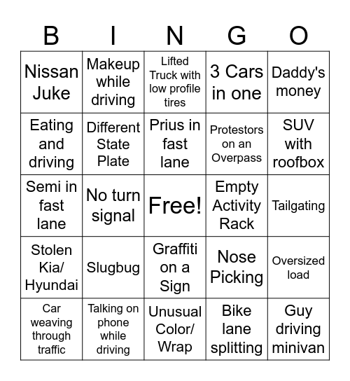 Car Bingo Card