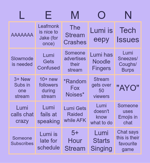 Lymirae's Stream Bingo V1.4 Bingo Card