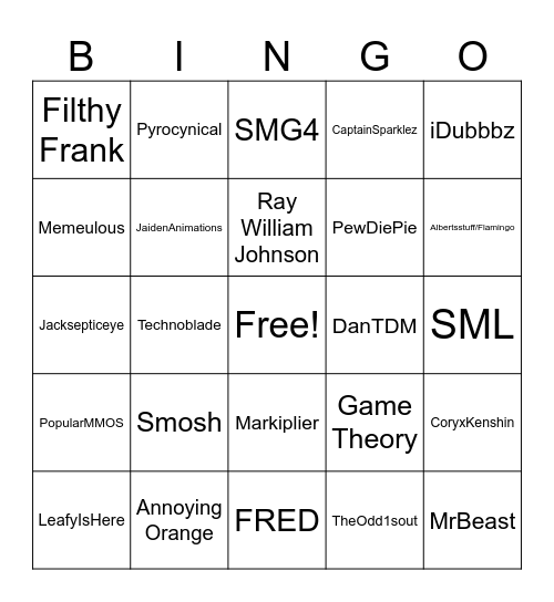 YouTuber Bingo Card