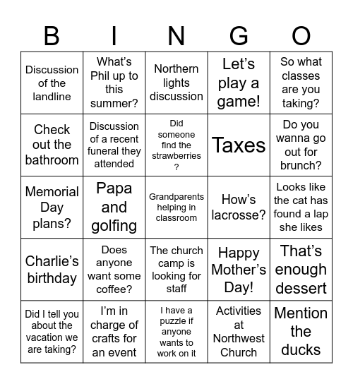 Things heard at Grandma’s Bingo Card