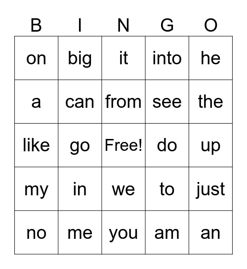 25 word list words Bingo Card