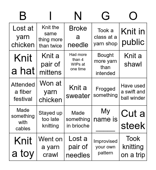 Knitter's Bingo Card