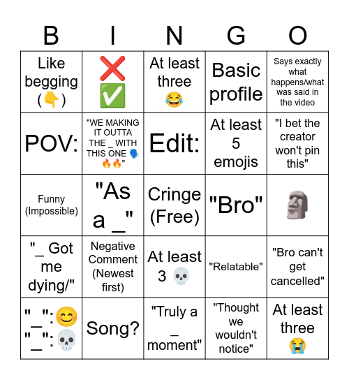 Youtube Comments Section Bingo Card