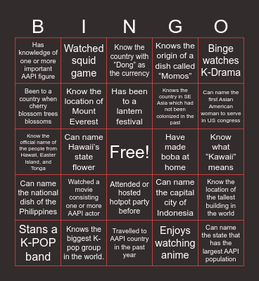 AAPI Heritage Month Bingo Card