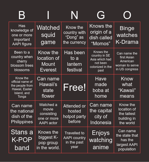 AAPI Heritage Month Bingo Card