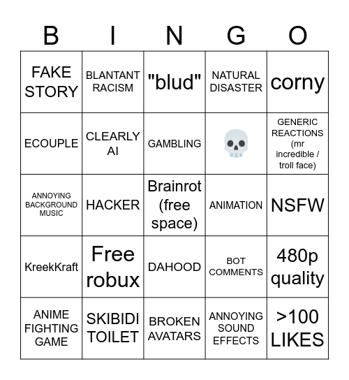 YOUTUBE SHORTS BRAINROT Bingo Card