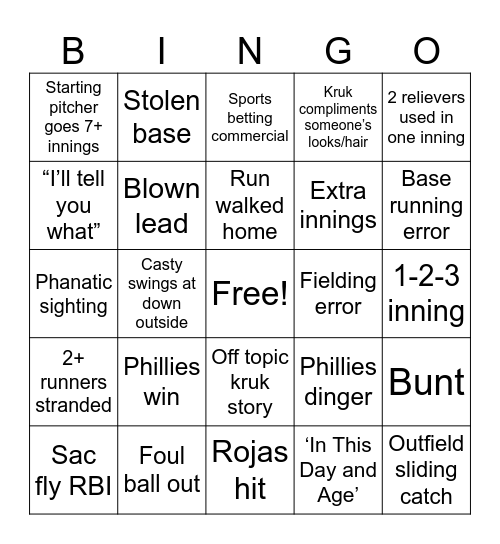 Phillies 2024 Bingo Card