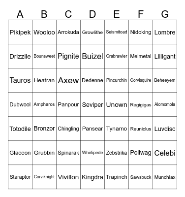 Random pokemon Bingo Card