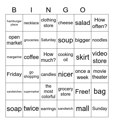 SHOPPING Bingo Card