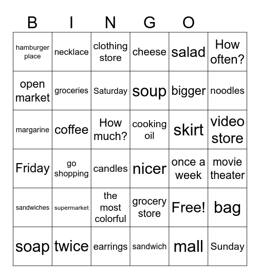 SHOPPING Bingo Card