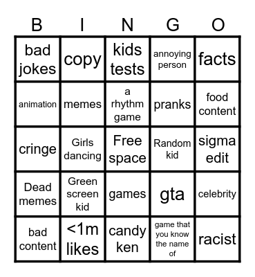 yt shorts Bingo Card