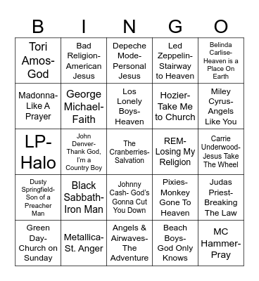 Radio Bingo "Religious" Music Bingo Card