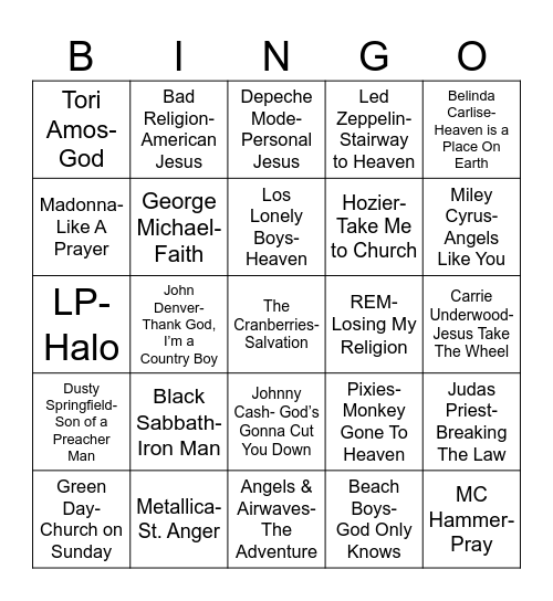 Radio Bingo "Religious" Music Bingo Card