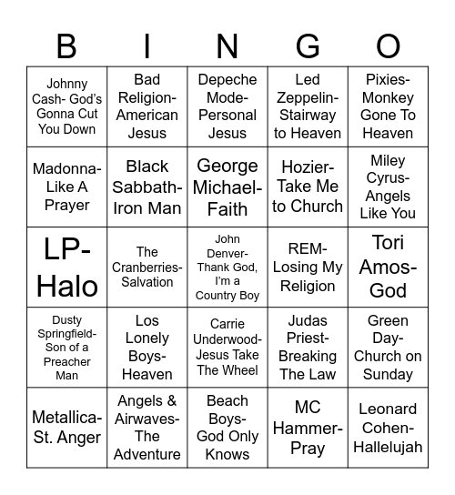 Radio Bingo "Religious" Music Bingo Card