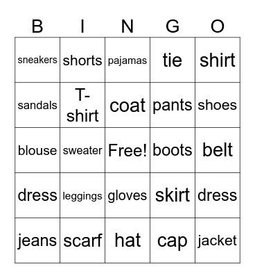 CLOTHES Bingo Card