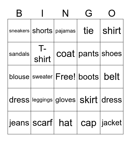 CLOTHES Bingo Card