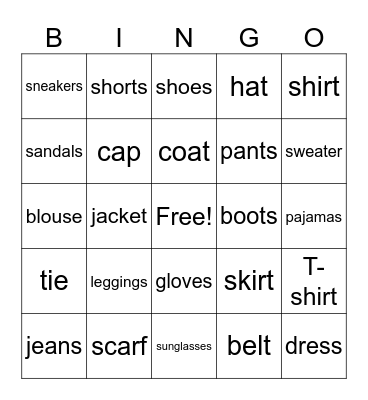CLOTHES Bingo Card