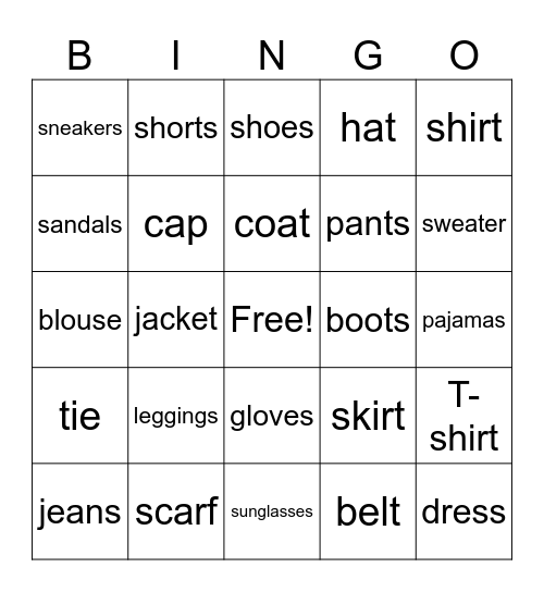 CLOTHES Bingo Card