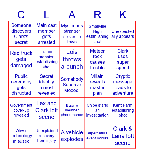 Smallville Rewatch Bingo Card