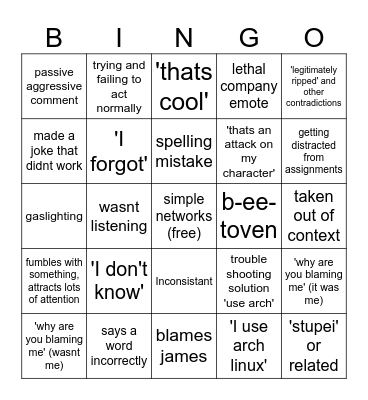 Cassidy being normal Bingo Card