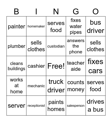 Jobs and Duties Bingo Card