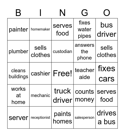 Jobs and Duties Bingo Card