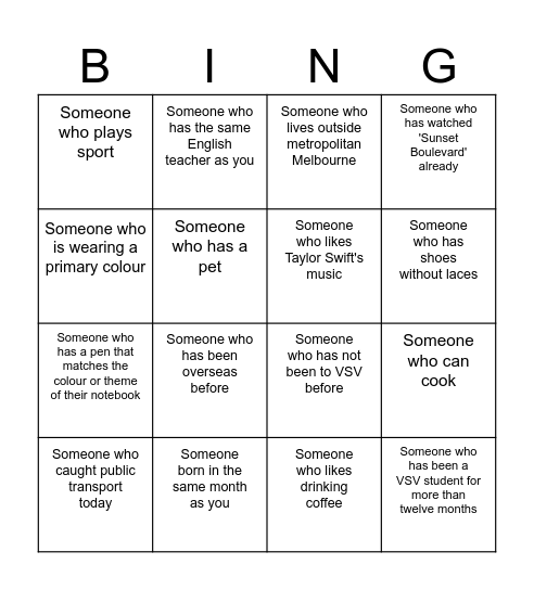 VSV English Bingo Card