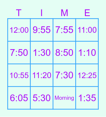 Telling Time Bingo Card