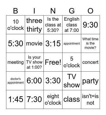 Time Vocabulary Unit 6 Bingo Card