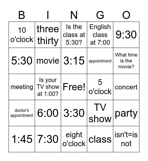Time Vocabulary Unit 6 Bingo Card