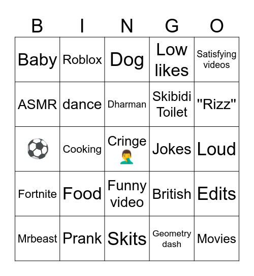 Youtube Shorts comment bingo Card