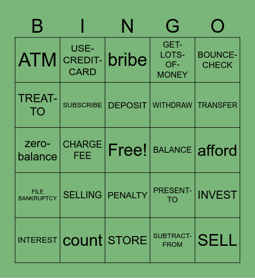 Unit 22 Money Bingo Card