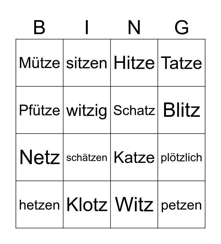 Wörter mit tz Bingo Card